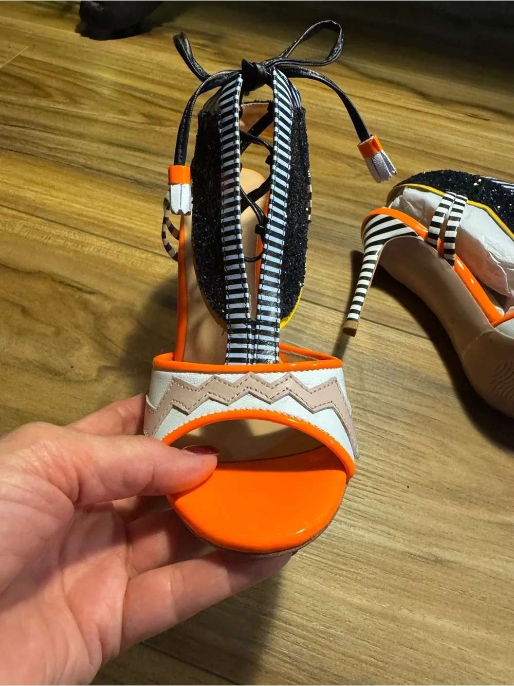 Vinci Santa Amaro leather bold High Heel Sandals - Orange, Black & White